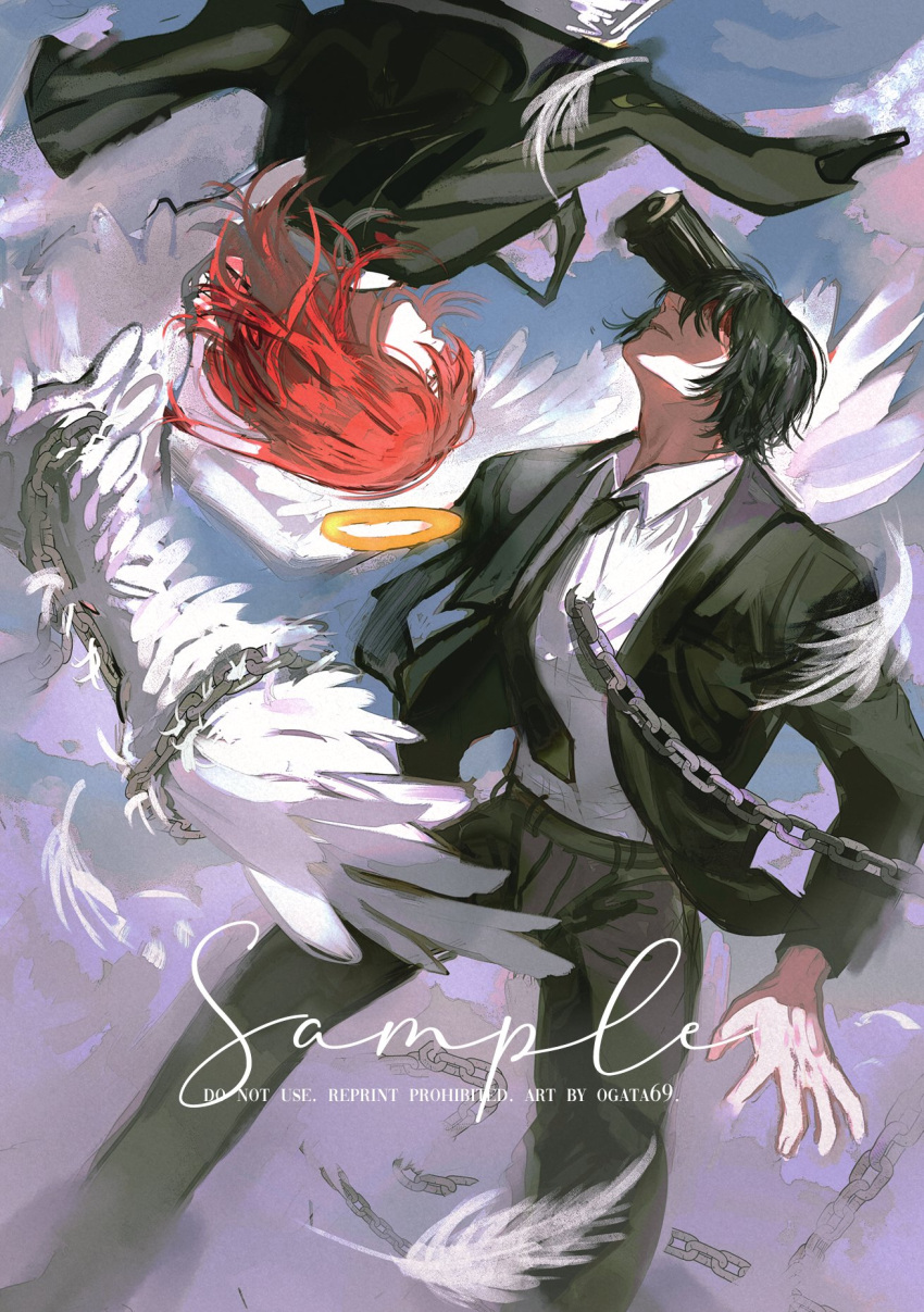 2boys, angel_devil_(chainsaw_man), artist_name, black_hair, black_necktie, black_pants, black_suit, chain