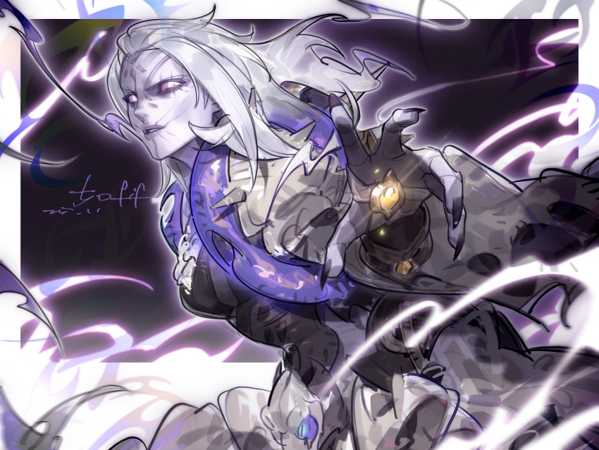 5ofif, banshee_moira, breasts, colored_sclera, colored_skin, commentary_request, ghost, highres, long_hair, moira_(overwatch), overwatch, purple_sclera, reaching, reaching_towards_viewer, white_eyes, white_hair, white_skin