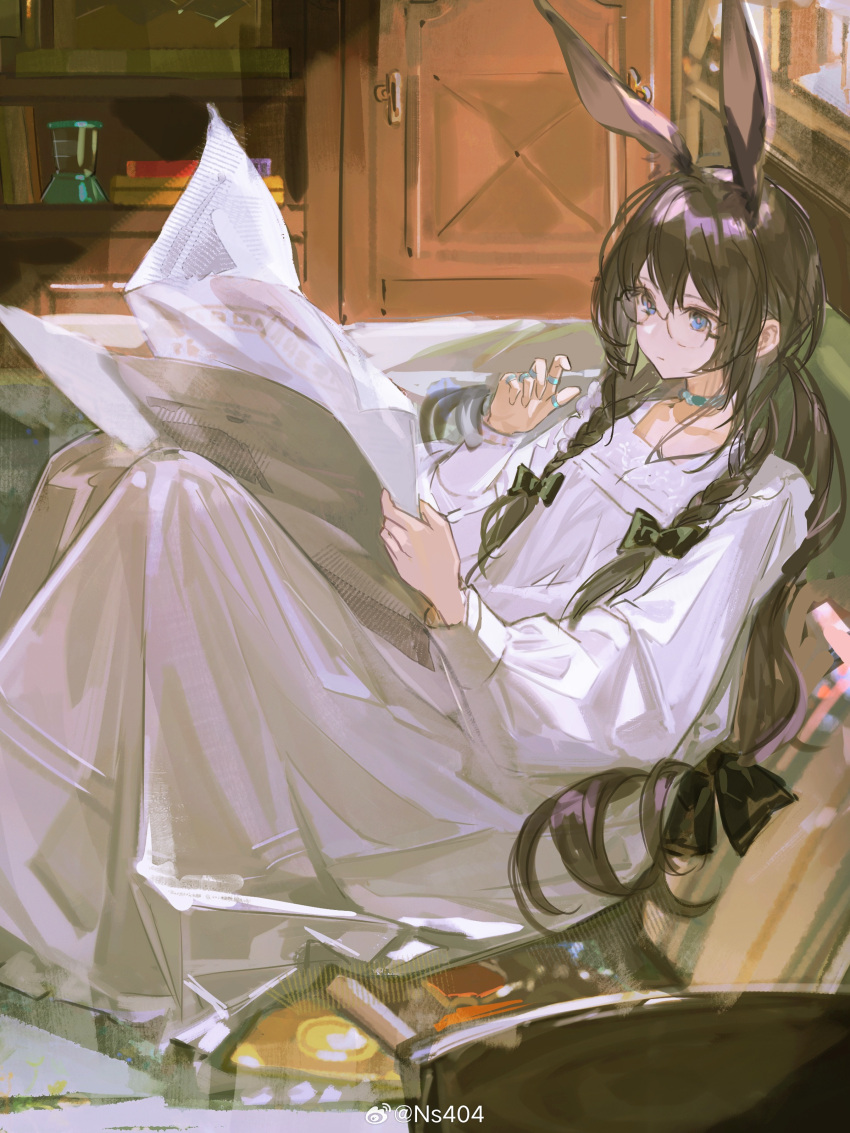 1girl, absurdres, amiya_(arknights), animal_ears, arknights, black-framed_eyewear, black_bow, blue_eyes