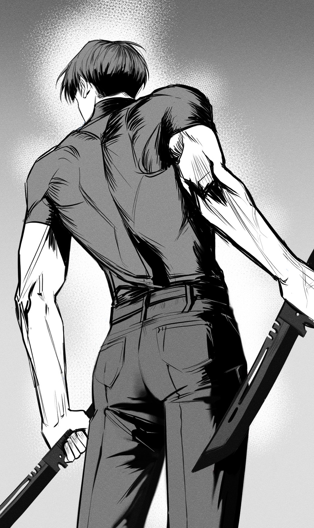 1boy, ass, belt, commentary_request, compression_shirt, deukdo, from_behind, greyscale
