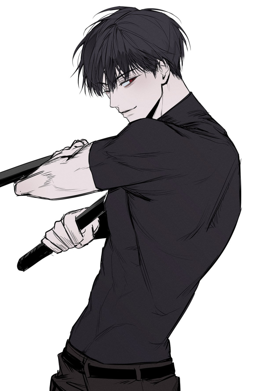 1boy, belt, black_hair, black_pants, black_shirt, commentary_request, compression_shirt, deukdo