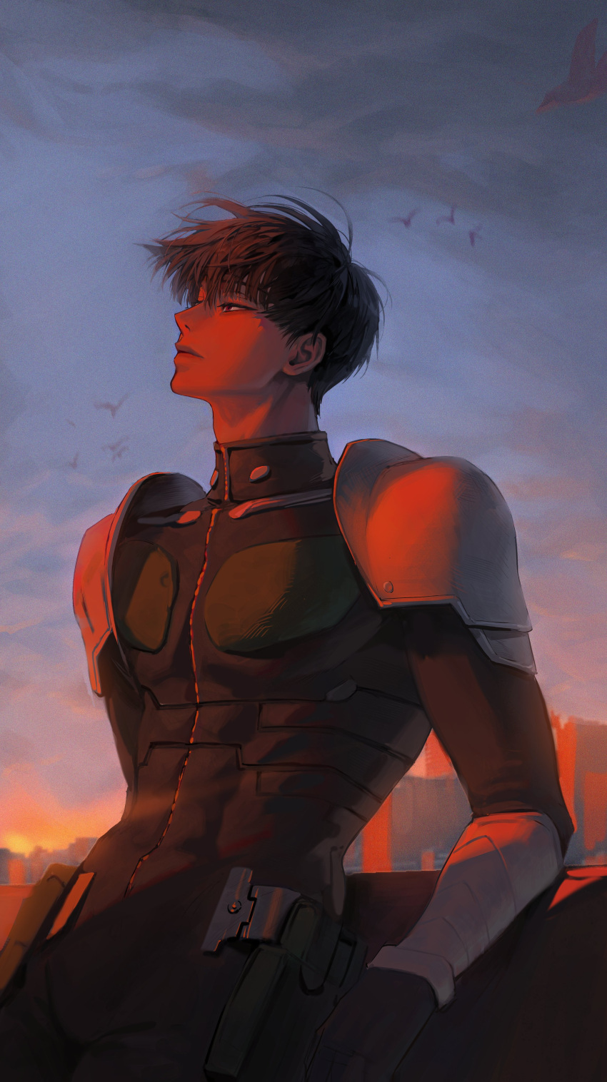 1boy, absurdres, bird, black_hair, closed_mouth, commentary_request, covered_pectorals, deukdo