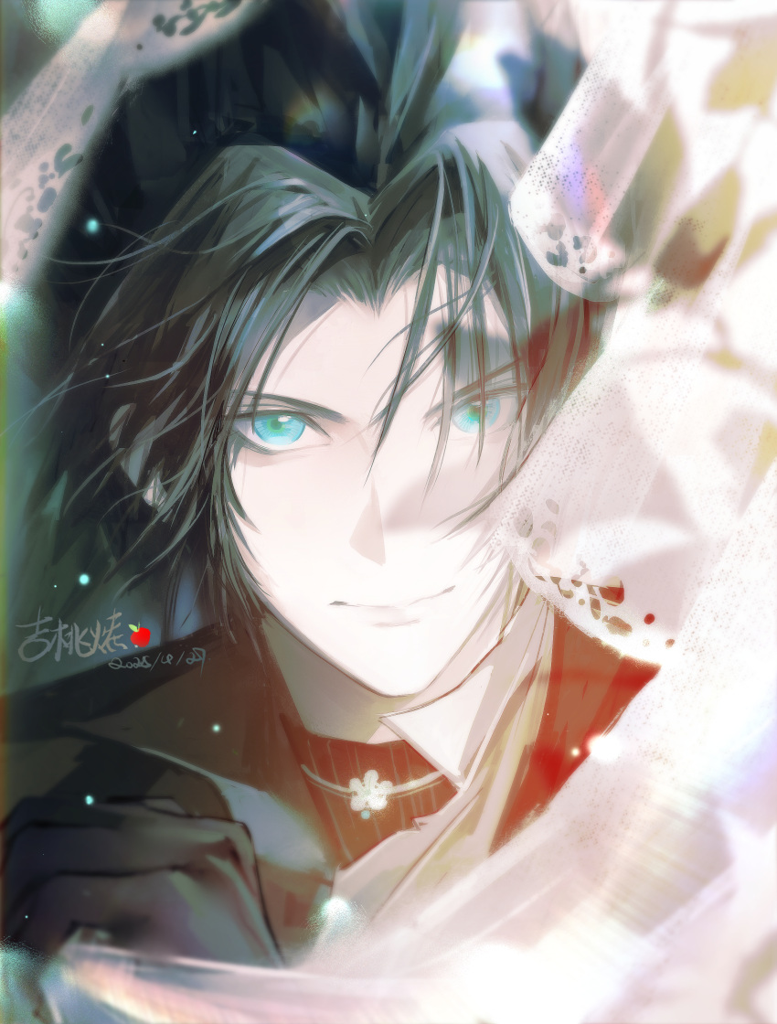 1boy, absurdres, alternate_costume, black_gloves, black_hair, black_jacket, blue_eyes, closed_mouth