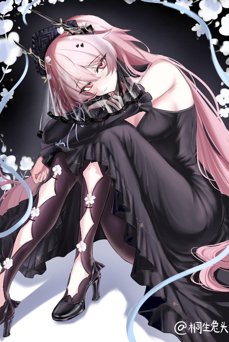 1girl, arknights, bare_shoulders, black_dress, black_pantyhose, closed_mouth, detached_sleeves, dress