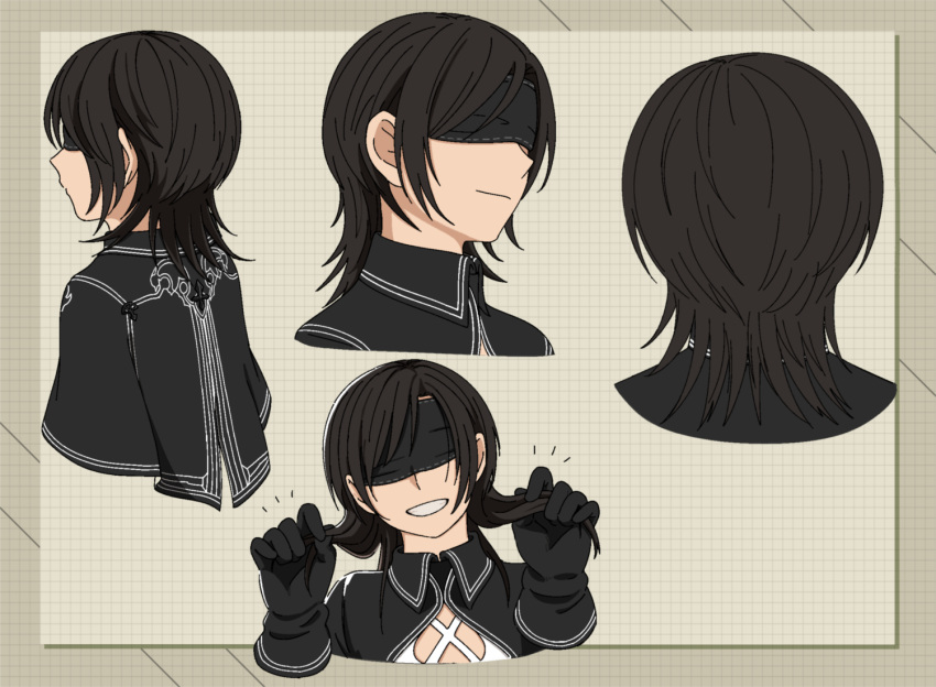 10h_(nier_reincarnation), 10h_(nier_reincarnation)_(cosplay), 1girl, black_capelet, black_gloves, black_hair, blindfold, capelet