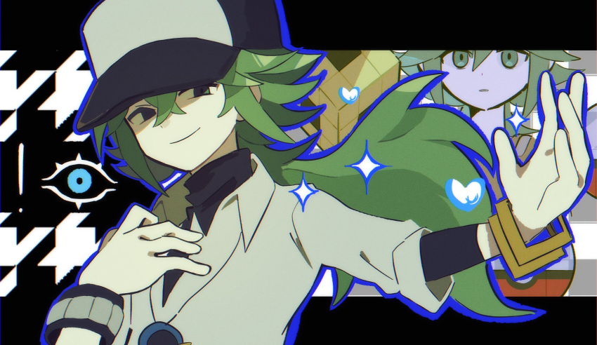 1boy, 1l6wpwihya38112, arms_up, baseball_cap, bracelet, child, closed_mouth, collared_shirt, crossed_bangs, dot_nose, eye_symbol, green_eyes, green_hair, hashtag-only_commentary, hat, heart, highres, jewelry, layered_clothes, letterboxed, long_hair, long_sleeves, male_focus, multiple_views, n_(pokemon), necklace, ooparts_(vocaloid), outstretched_arm, parted_lips, pokemon, pokemon_bw, shirt, smile, sparkle, turtleneck, wing_collar