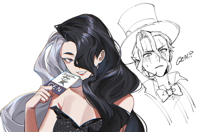 1boy, 1girl, asagiri_gen, bare_shoulders, black_dress, black_hair, blush, bow