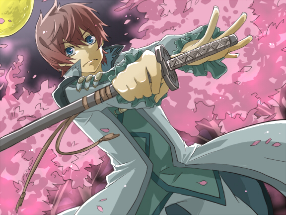 asbel_lhant, blue_eyes, brown_hair, cherry_blossoms, keika, male, moon, ready_to_draw