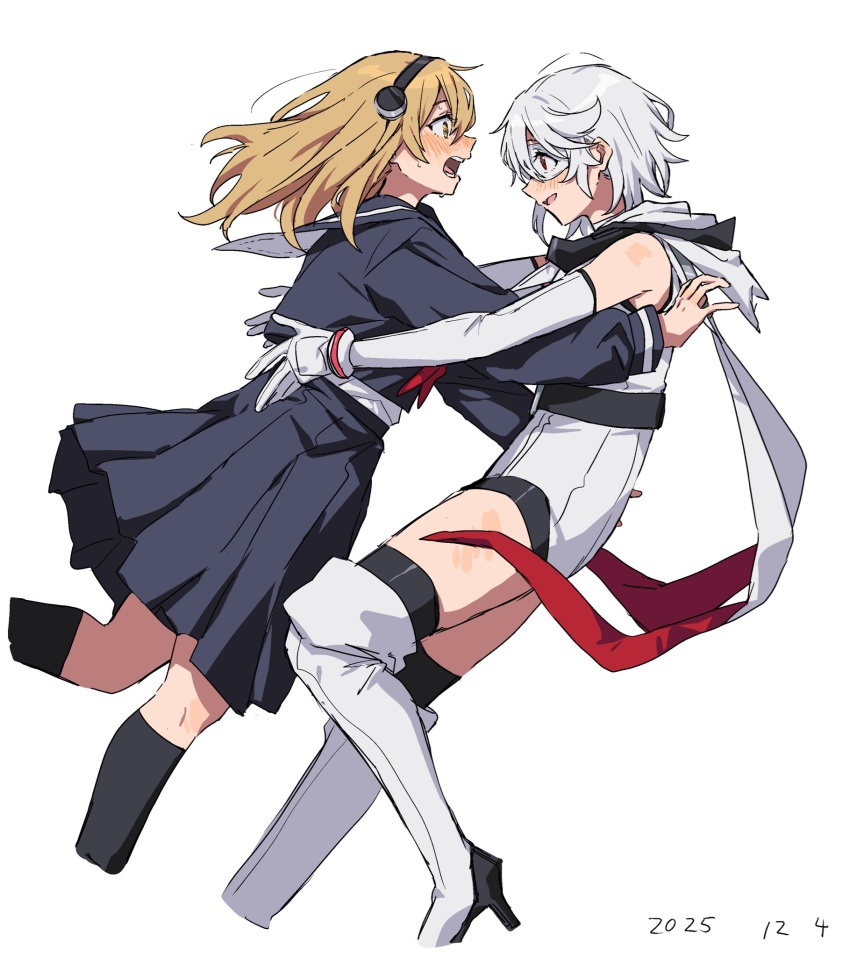 2girls, bare_shoulders, black_headband, black_sailor_collar, black_shirt, black_skirt, black_socks, blonde_hair, blush, bracelet, elbow_gloves, eye_mask, gloves, headband, heart-shift_bracelets, highres, hooded_leotard, jewelry, kneehighs, koishikawa_iko, leotard, long_skirt, long_sleeves, mask, multiple_girls, open_mouth, pleated_skirt, red_eyes, sailor_collar, shirt, short_hair, shy_(character), shy_(series), simple_background, skirt, socks, sweatdrop, takatisakana, teeth, white_background, white_gloves, white_hair, white_leotard, yellow_eyes, yuri