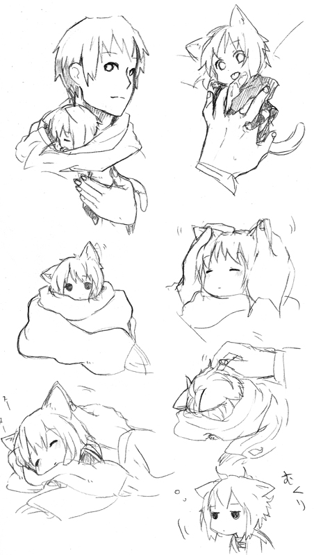 a-ka, animal_ears, book, cardigan, cat_ears, cat_tail, chibi, graphite_(medium), kyon, licking, minigirl, monochrome, nagato_yuki, scarf, school_uniform, serafuku, short_hair, sketch, sleeping, sleepy, suzumiya_haruhi_no_yuuutsu, tail, tongue, traditional_media, various_positions