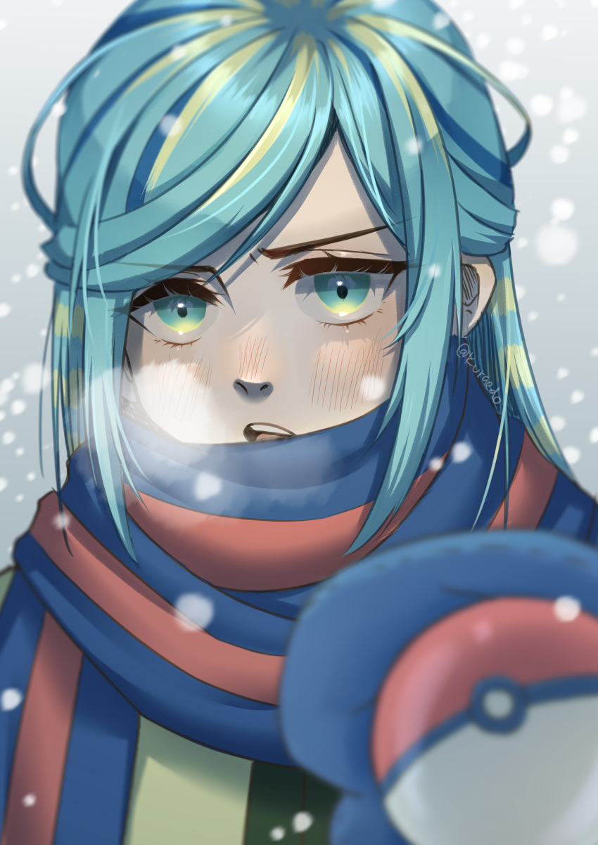 1boy, absurdres, blue_eyes, blue_hair, blue_mittens, blue_scarf, blush, breath
