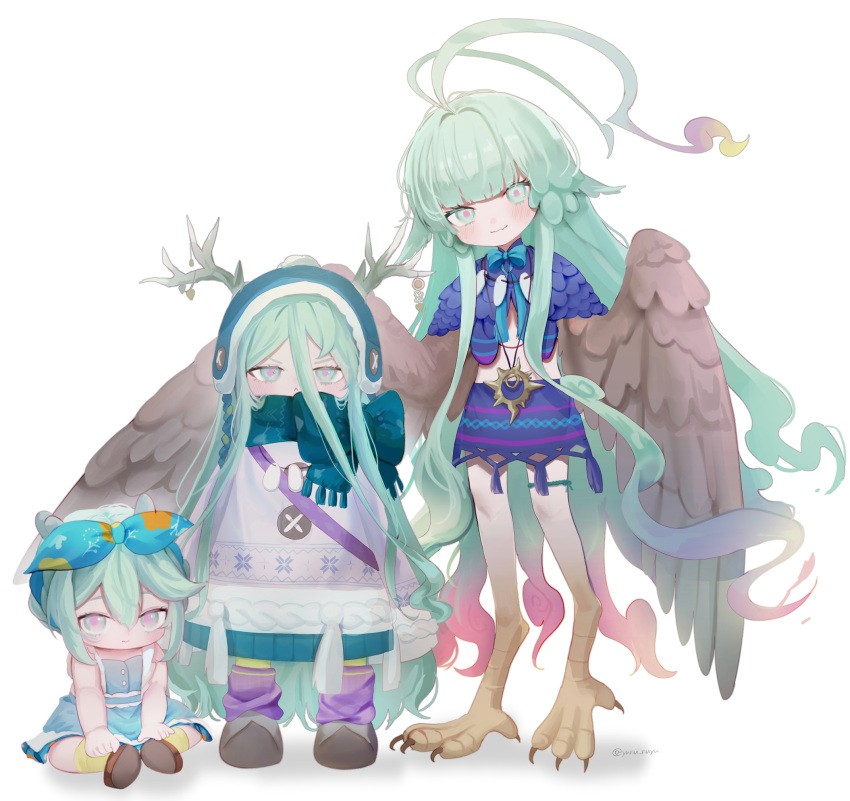 1girl, age_progression, ahoge, antler_ornament, antlers, bird_legs, blue_loincloth, blue_scarf