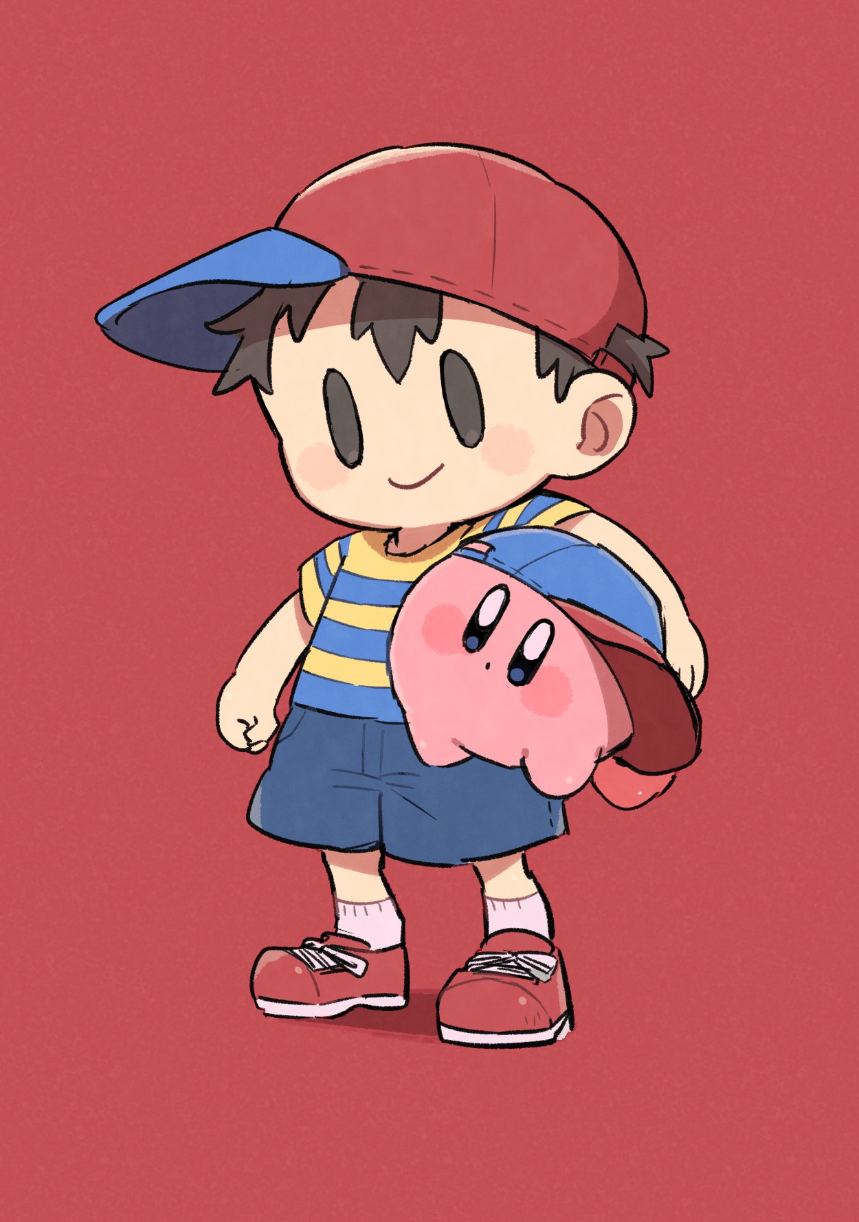 1boy, 1other, baseball_cap, blue_eyes, blue_shorts, blush_stickers, brown_eyes, brown_hair