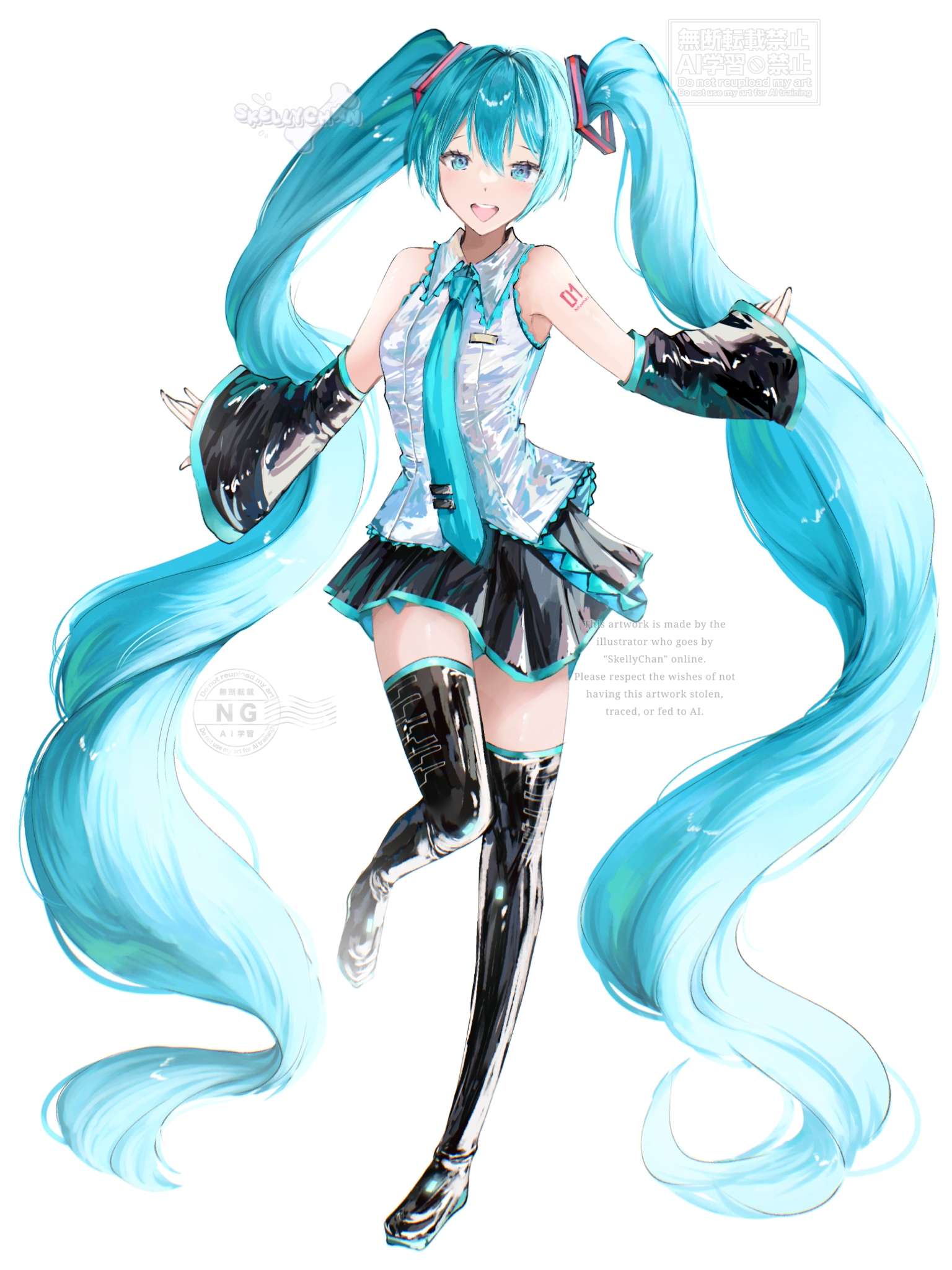 1girl, aqua_eyes, aqua_hair, aqua_necktie, black_skirt, black_sleeves, detached_sleeves, hashtag-only_commentary, hatsune_miku, highres, long_hair, necktie, number_tattoo, shirt, skellychan, skirt, sleeveless, sleeveless_shirt, solo, tattoo, twintails, very_long_hair, vocaloid, white_background