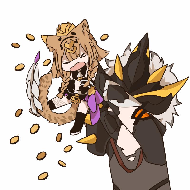 >_<, 1boy, 1girl, animal_ears, black_boots, black_shirt, black_shorts, boots