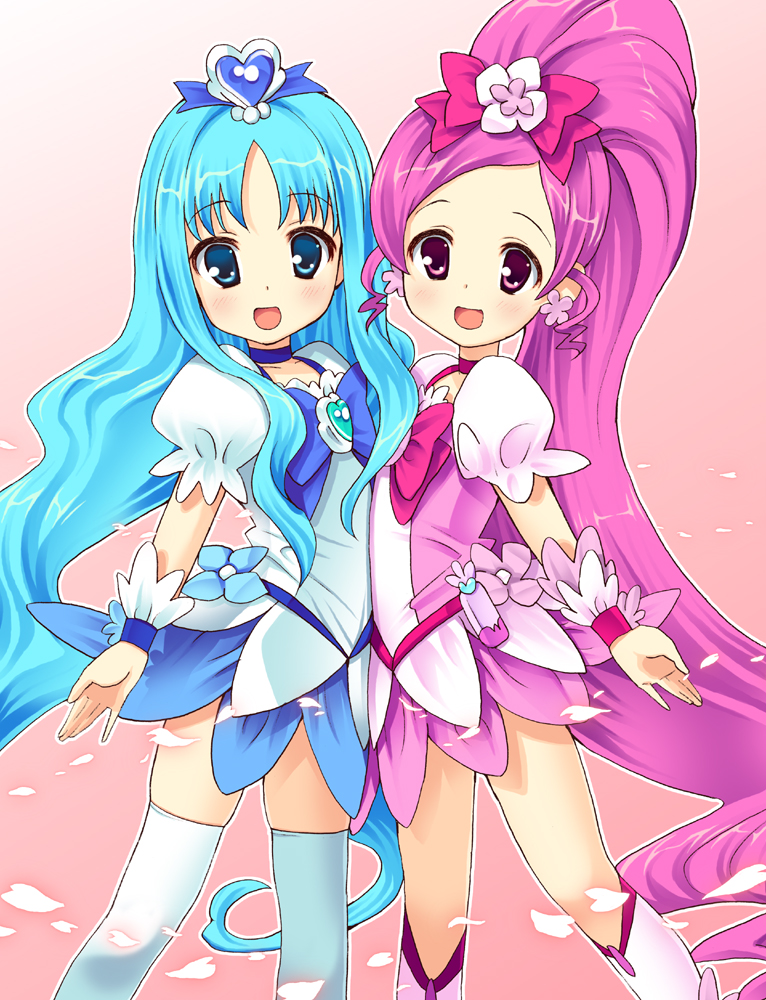 blue_eyes, blue_hair, boots, bow, brooch, cure_blossom, cure_marine, dress