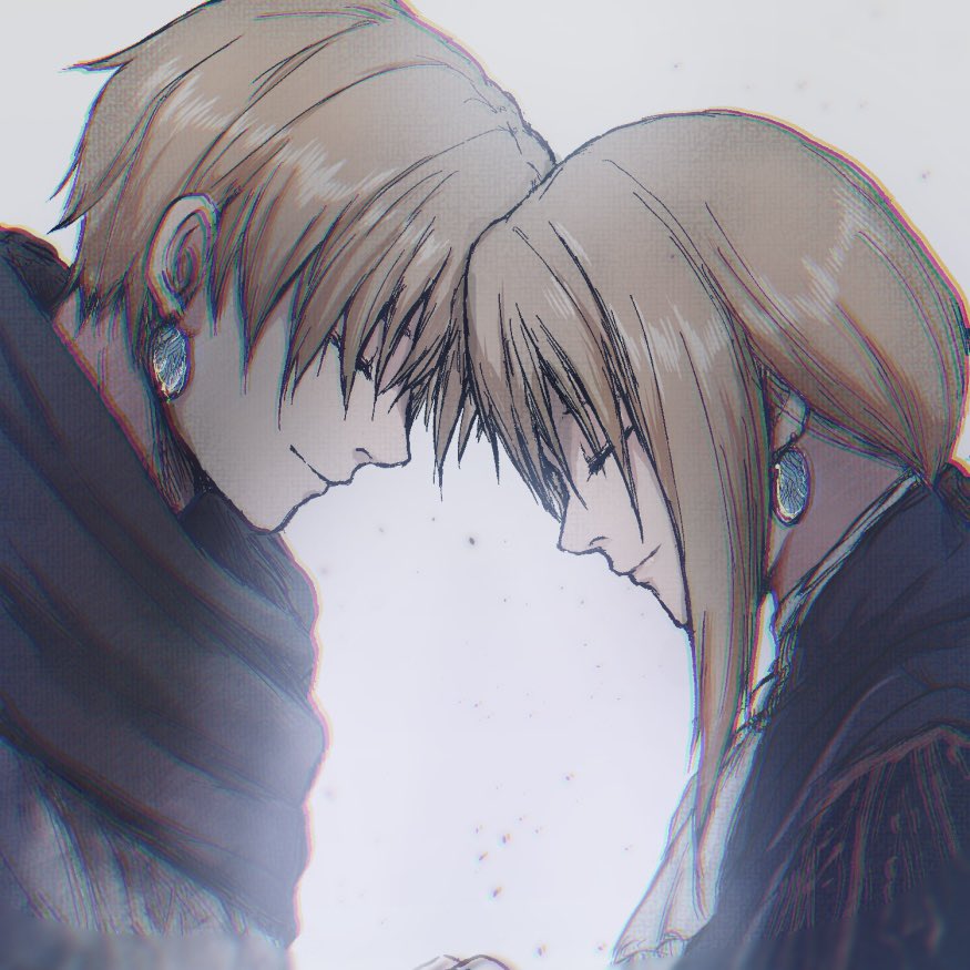 1boy, 1girl, ascot, black_scarf, blonde_hair, blue_jacket, brother_and_sister, closed_eyes, closed_mouth, duchess_(elden_ring), earrings, elden_ring, elden_ring_nightreign, jacket, jewelry, long_hair, makinko, scarf, short_hair, siblings, single_earring, smile, white_ascot, white_background, wylder_(elden_ring)