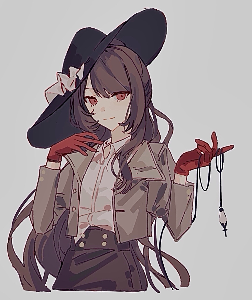 1girl, black_hat, black_skirt, brown_hair, brown_jacket, collared_shirt, commentary_request, gloves, grey_background, hands_up, hat, highres, jacket, long_hair, official_alternate_costume, red_eyes, red_gloves, reverse:1999, semmelweis_(reverse:1999), shirt, skirt, solo, upper_body, white_shirt, xy_mt2528