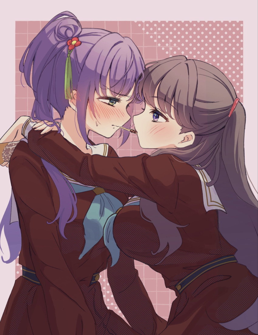 2girls, aqua_neckerchief, arms_around_neck, blush, border, breasts, brown_dress, brown_hair