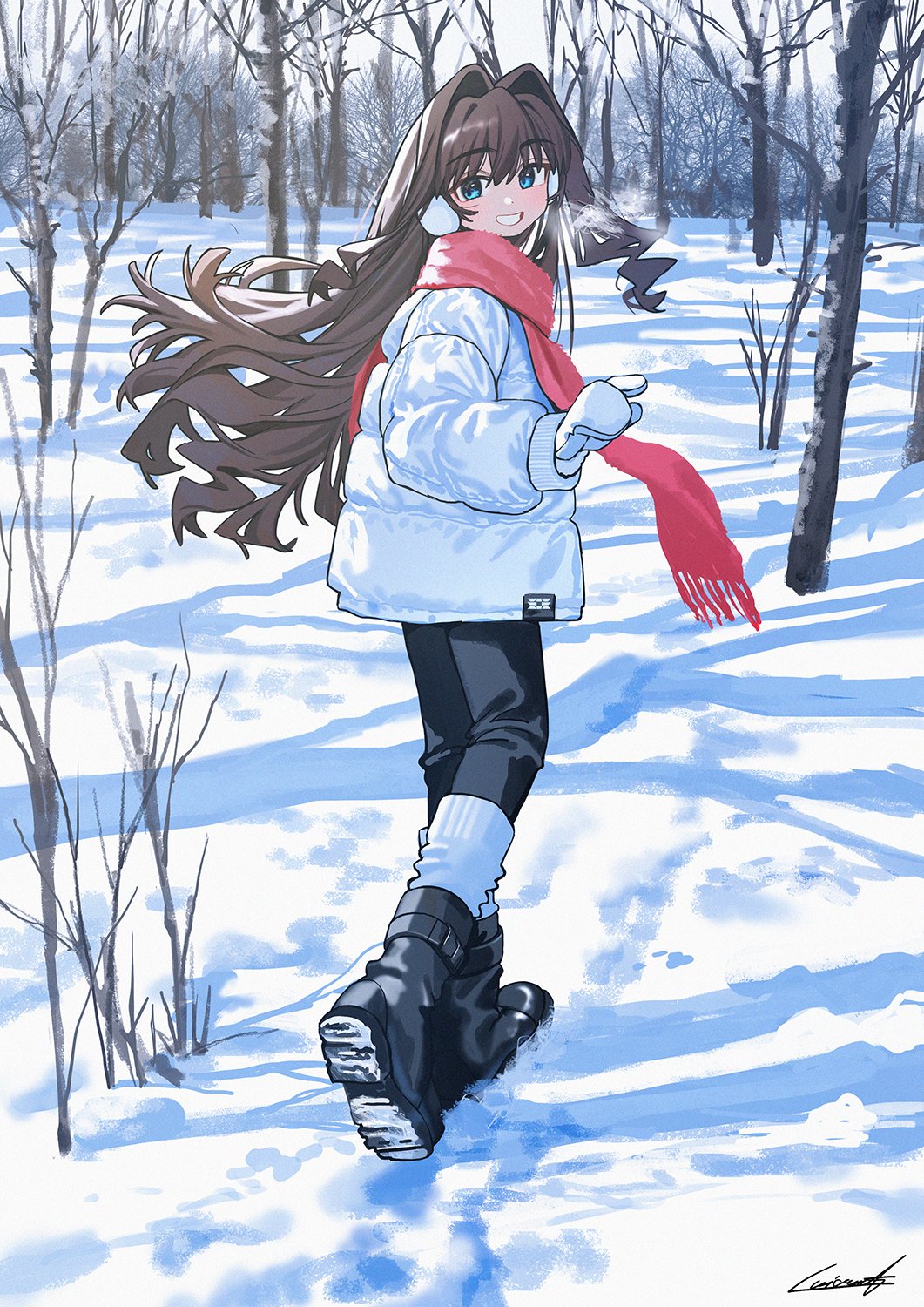 1girl, bare_tree, black_boots, black_pants, blue_eyes, boots, breath, brown_hair