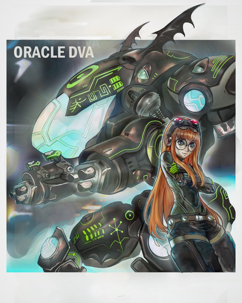 1girl, adapted_costume, black-framed_eyewear, black_pants, chapinor, crossed_arms, goggles, goggles_on_head