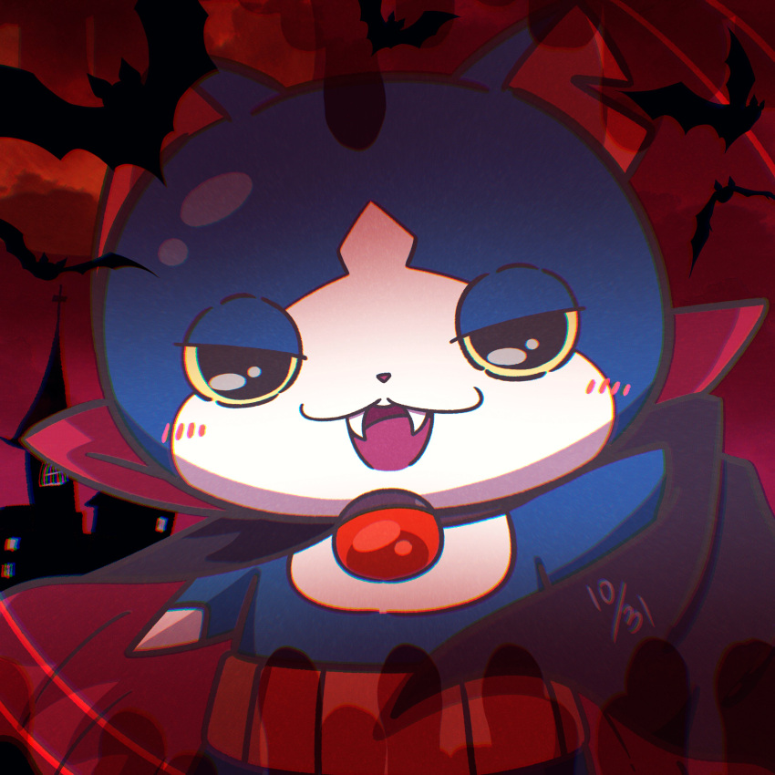 absurdres, black_cape, blue_fur, blush, cape, fangs, gabunyan, haramaki, highres, looking_at_viewer, no_humans, notched_ear, red_cape, solo, suzu_youkai, two-sided_cape, two-sided_fabric, upper_body, youkai_(youkai_watch), youkai_watch