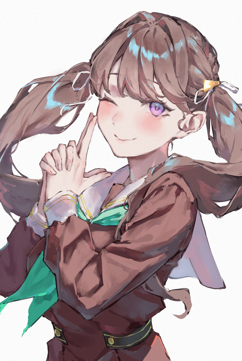 1girl, aqua_neckerchief, blush, brown_dress, commentary, dress, finger_gun, fujishima_megumi
