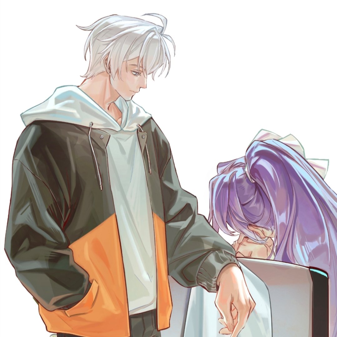 1boy, 1girl, alt_text, black_jacket, bow, chair, commentary_request, hair_bow