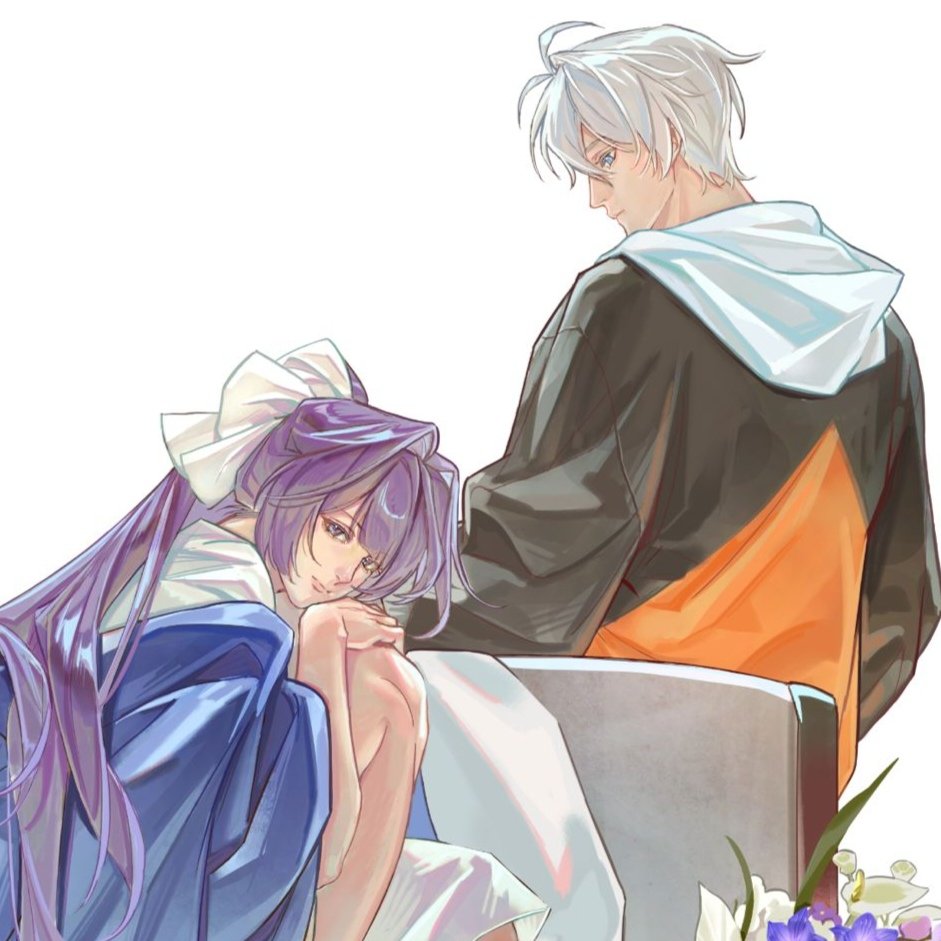 1boy, 1girl, alt_text, black_jacket, bow, chair, commentary_request, hair_bow