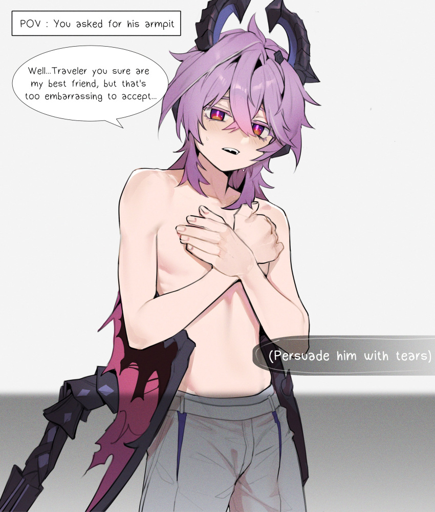 1boy, absurdres, bana_gameg, blush, commentary, covering_chest, covering_privates, cowboy_shot