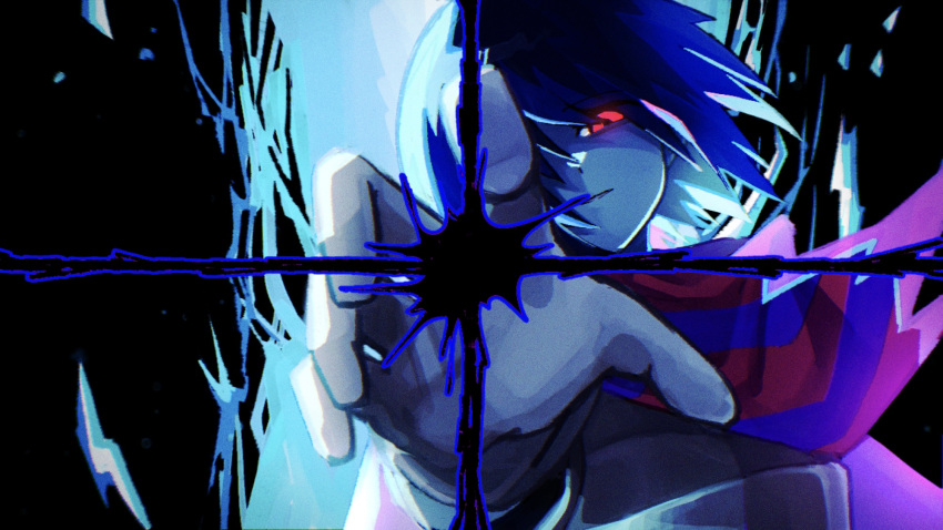 1other, black_bodysuit, blue_hair, blue_skin, bodysuit, colored_skin, commentary_request, dark_fountain_(deltarune)