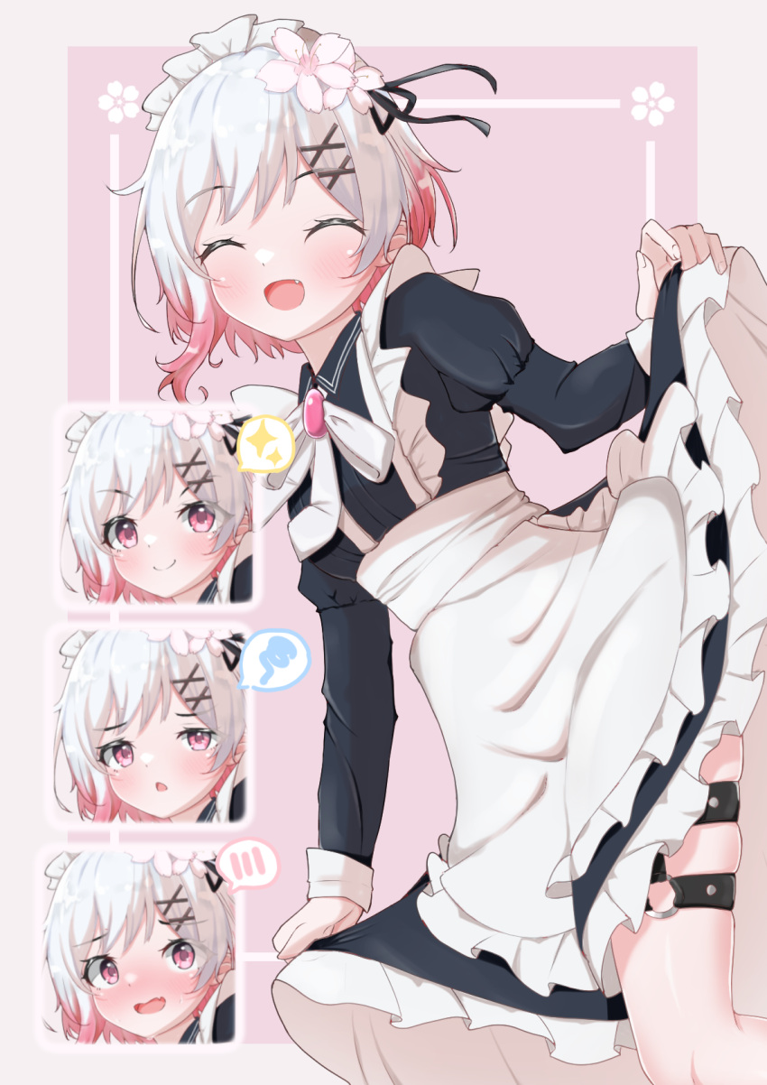 1girl, belt, blush, closed_eyes, clothes_lift, commentary_request, flower, flower_ornament