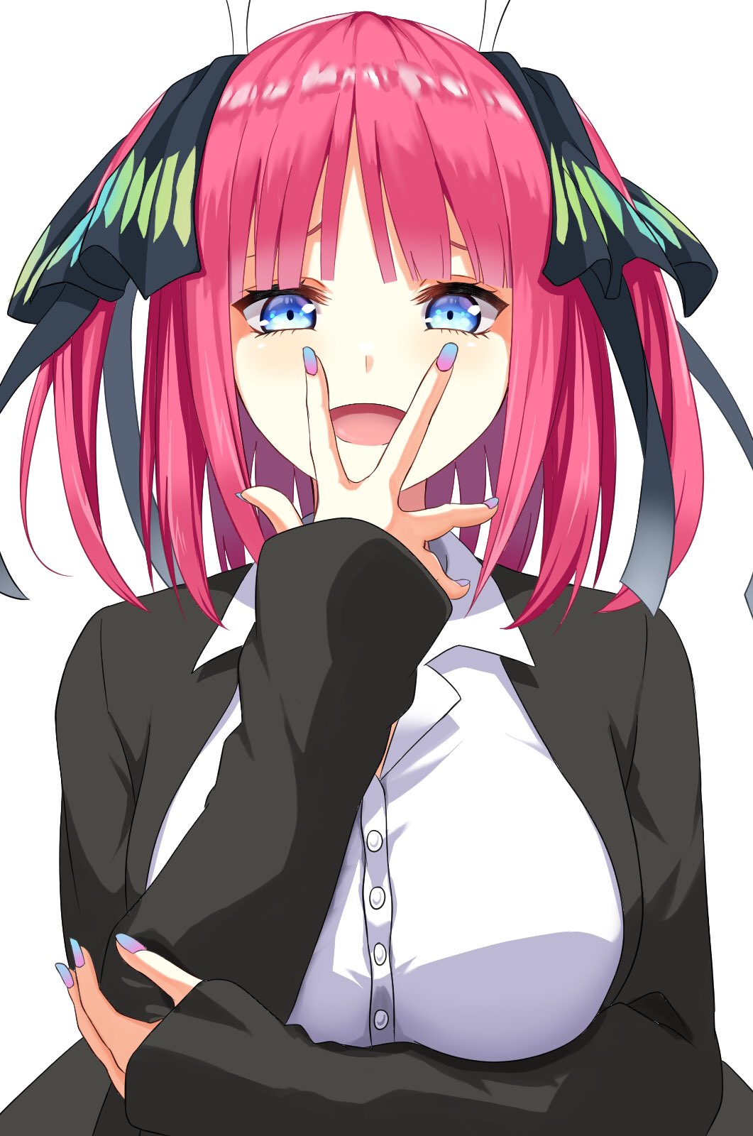 1girl, black_cardigan, black_ribbon, blue_eyes, blunt_bangs, blush, breasts, butterfly_hair_ornament