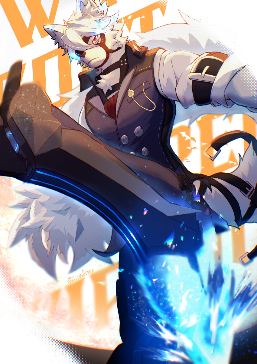 1boy, absurdres, arm_belt, ascot, black_pants, black_vest, blue_fire, closed_mouth