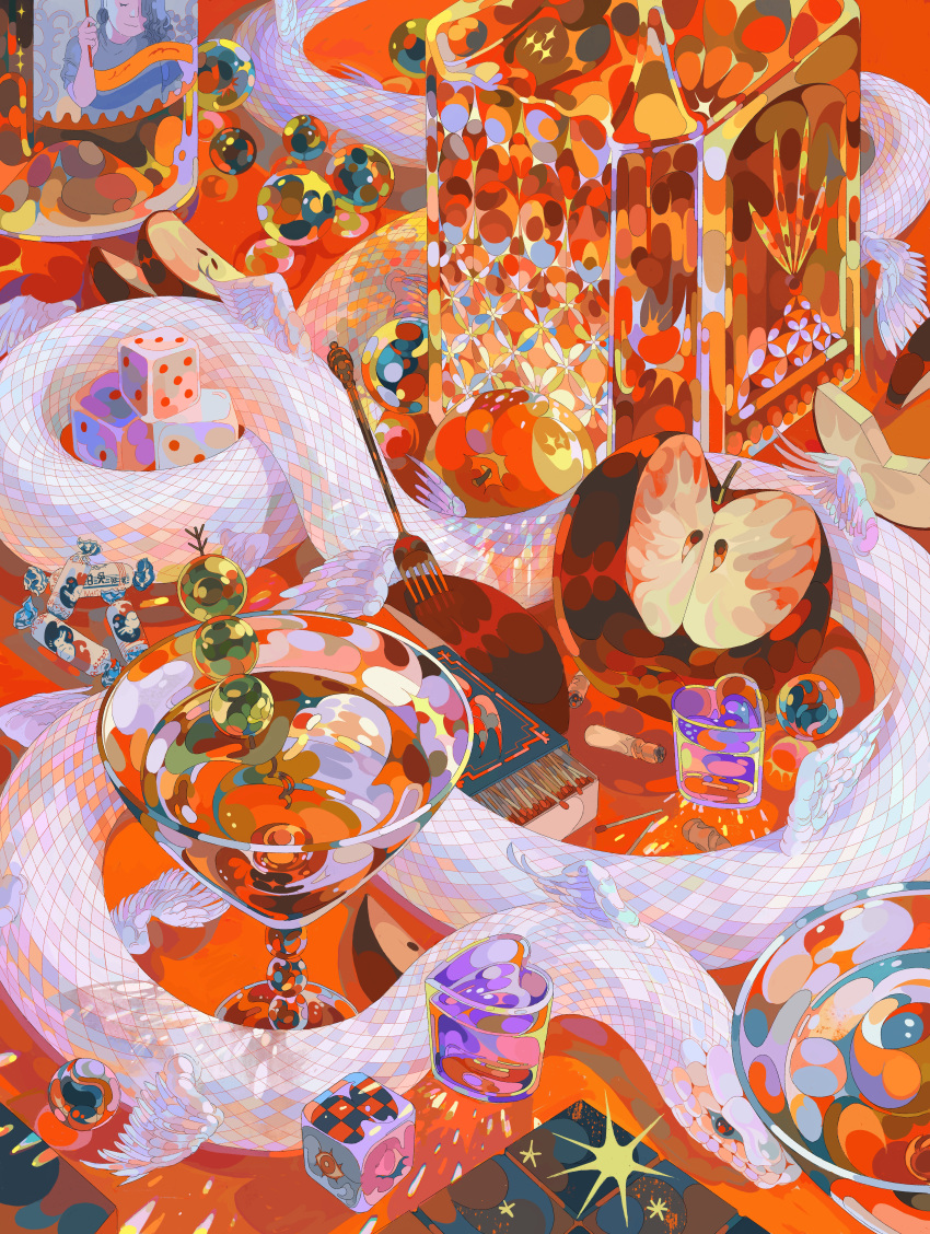 absurdres, alcohol, animal, animal_focus, animal_print, apple, apple_slice, bottle