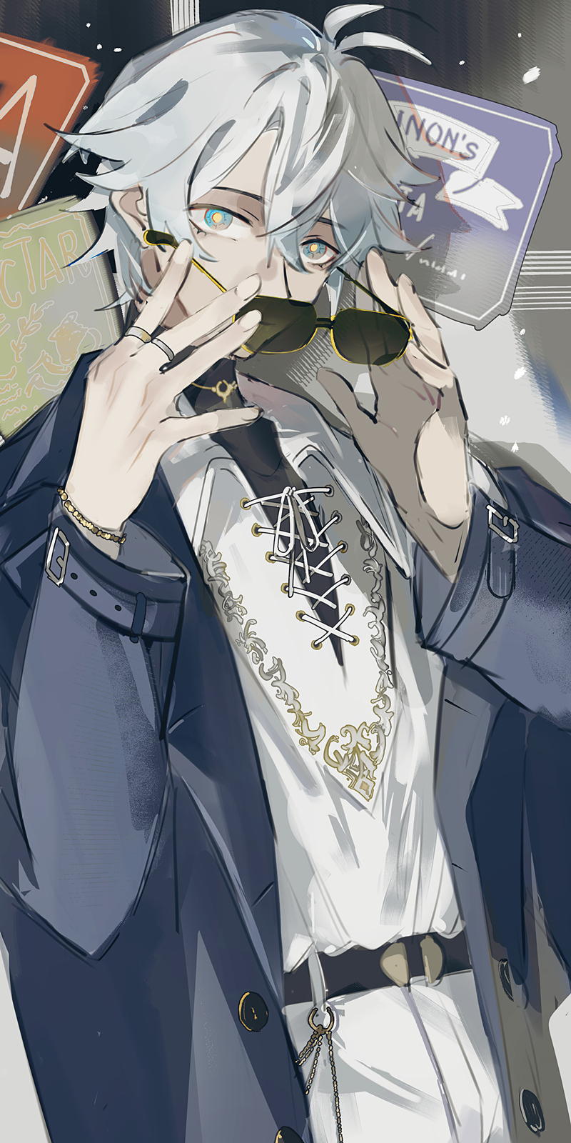 1boy, antenna_hair, belt, black_belt, black_shirt, blue_coat, blue_eyes, coat