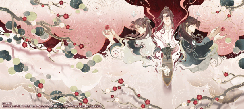bird, black_eyes, black_hair, black_hanfu, boat, branch, brown_hair, character_request