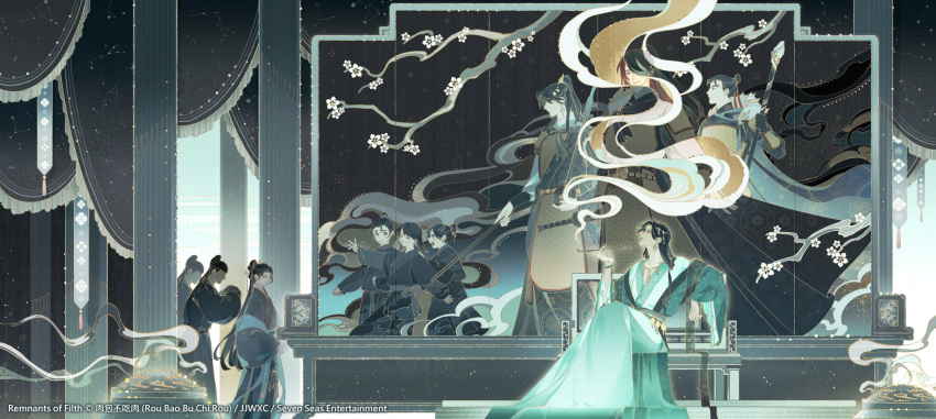 aqua_hanfu, aqua_theme, belt, black_hanfu, black_sky, cape, character_request, child
