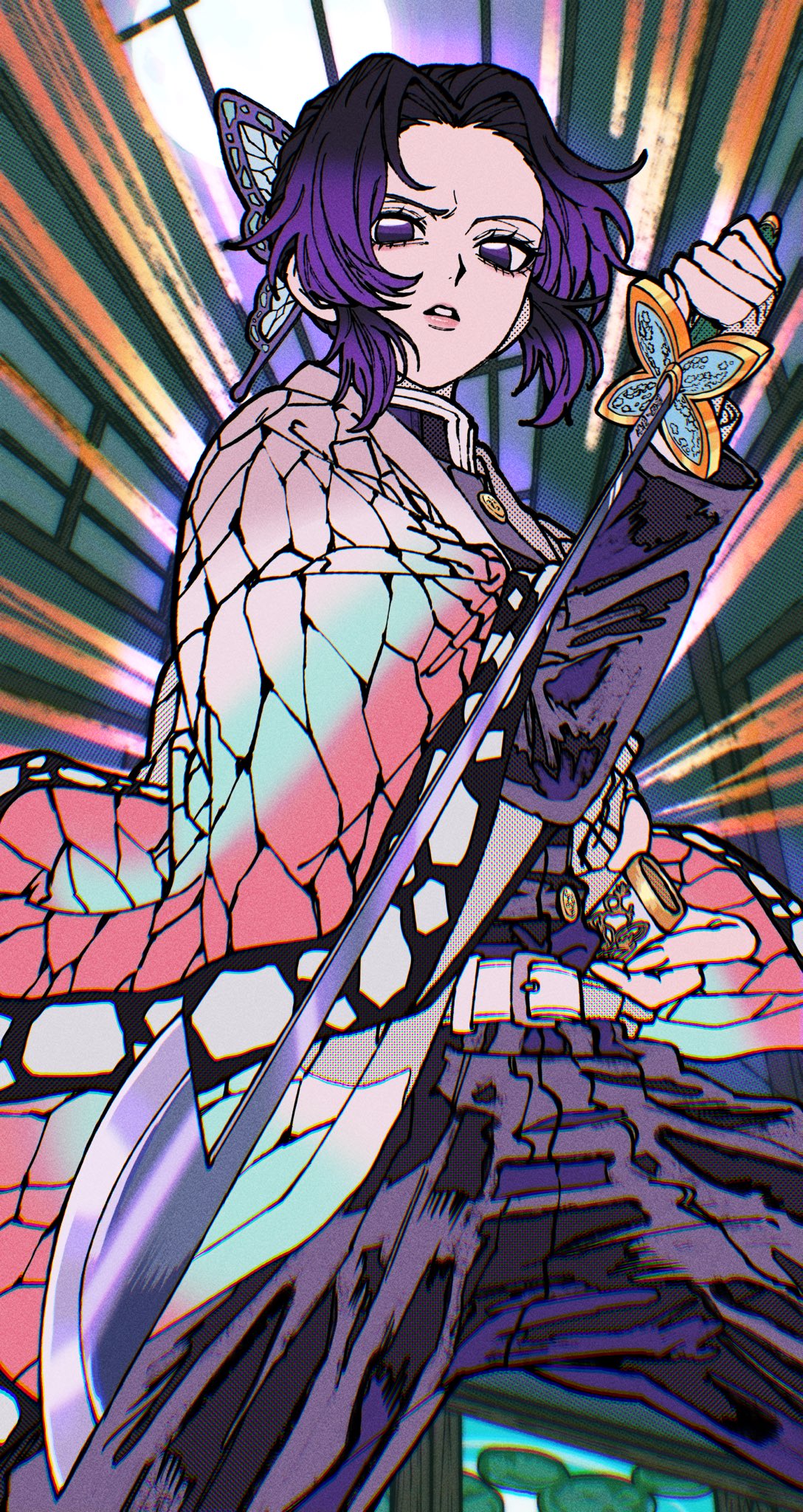1girl, animal_print, bug, butterfly, butterfly_hair_ornament, butterfly_print, butterfly_print_haori, checkered_haori, demon_slayer_uniform, flower, hair_ornament, haori, highres, holding, holding_sword, holding_weapon, japanese_clothes, katana, kimetsu_no_yaiba, kochou_shinobu, misejyuk, print_haori, purple_butterfly, solo, sword, tsuyuri_kanao, weapon, wisteria