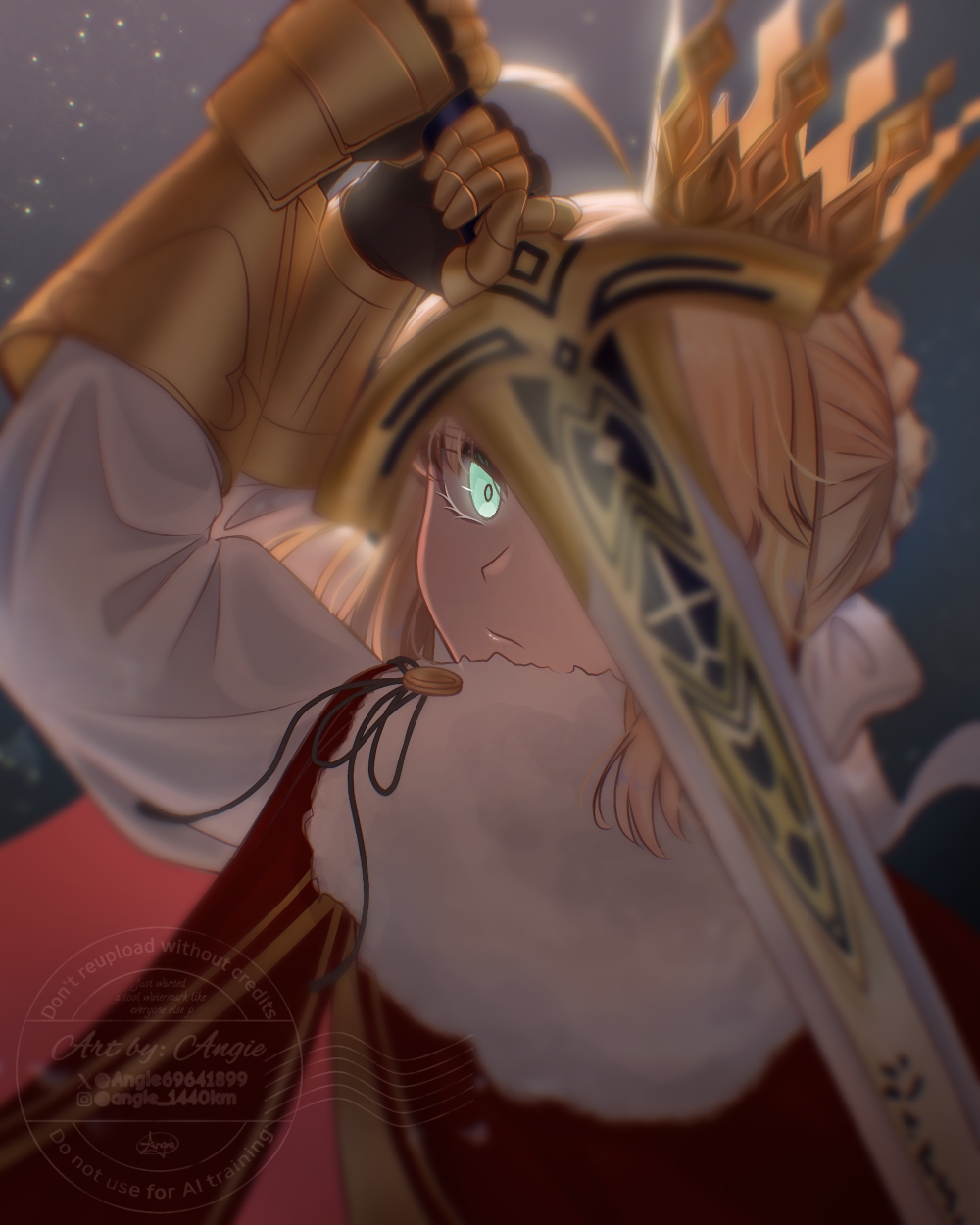 1girl, ahoge, angie03, armor, artoria_pendragon_(fate), blonde_hair, breastplate, caliburn_(fate)