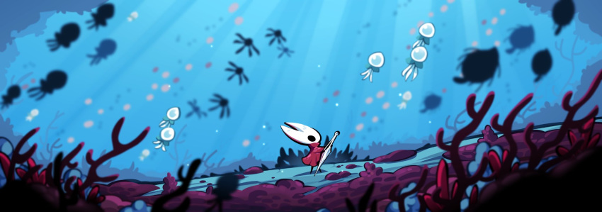 1girl, arthropod_girl, black_eyes, black_skin, cloak, colored_skin, commentary_request, coral_reef