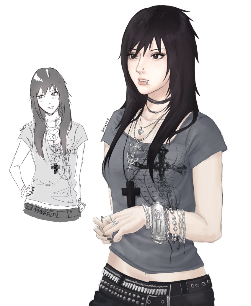 1girl, alternate_costume, alternate_hairstyle, belt, black_belt, black_eyes, black_eyeshadow, black_hair