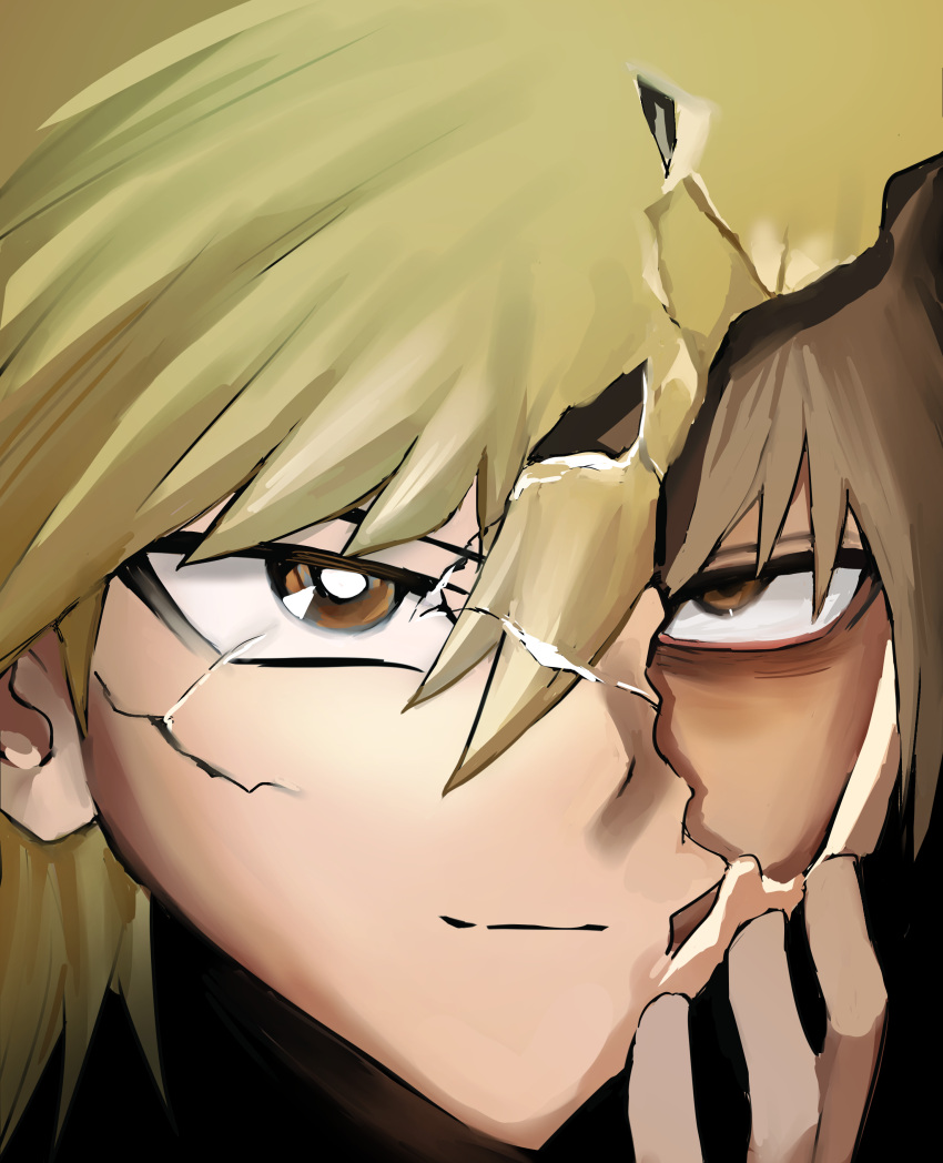 1boy, absurdres, black_background, blonde_hair, brown_eyes, brown_hair, close-up, commentary_request, cracked_kawaii_mask, cracked_skin, hand_on_own_face, highres, jonouchi_katsuya, light_smile, looking_at_viewer, male_focus, solo, tanutanax, yu-gi-oh!, yu-gi-oh!_duel_monsters