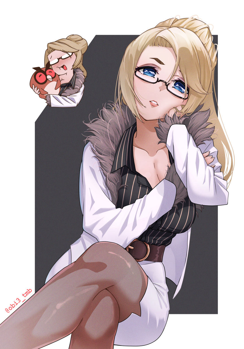 1girl, absurdres, belt, belt_buckle, blonde_hair, blue_eyes, blush, breasts