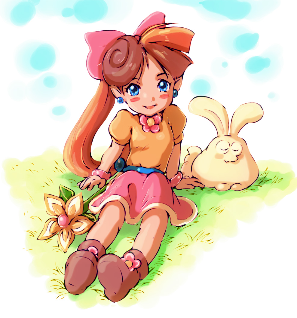 blue_eyes, bow, brown_hair, bunny, earrings, flower, gekkeiyou, grass