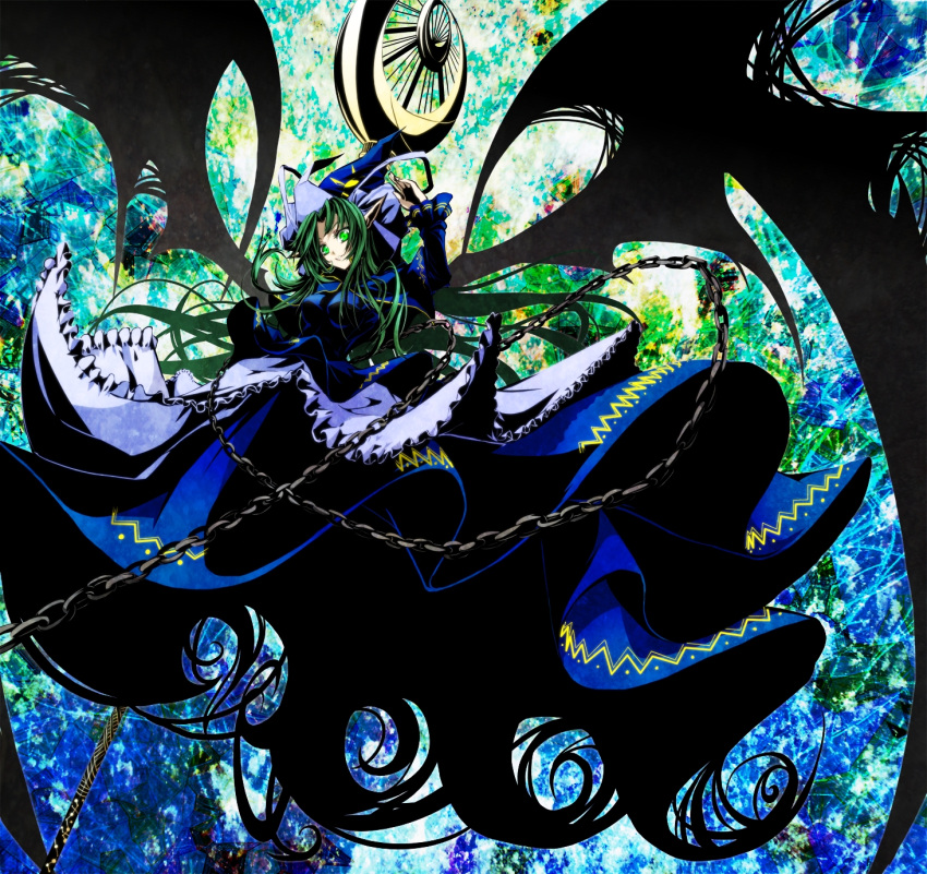 beshi, blue_background, blue_dress, capelet, chain, chains, crescent, demon_wings