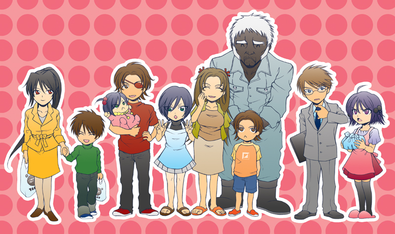 :<, ahoge, apron, ayz_459, baby, black_hair, black_legwear, blue_eyes, boots, brown_eyes, brown_hair, casual, closed_eyes, double_v, eyepatch, eyes_closed, formal, gon_(rance), gon_(sengoku_rance), green_eyes, hair_bobbles, hair_ornament, houjou_souun, kawanoe_mine, kawanoe_yuzuru, nanjou_ran, necktie, pants, polka_dot, polka_dot_background, purple_eyes, purple_hair, raglan_sleeves, rance_(series), red_eyes, sakamoto_ryouma_(rance), sakamoto_ryouma_(sengoku_rance), sengoku_rance, shoes, sideburns, skirt, slippers, smile, suit, t-shirt, thigh-highs, thighhighs, v, violet_eyes, white_hair, yamamoto_isoroku, yamamoto_isoroku_(rance), yamamoto_rangi, zettai_ryouiki