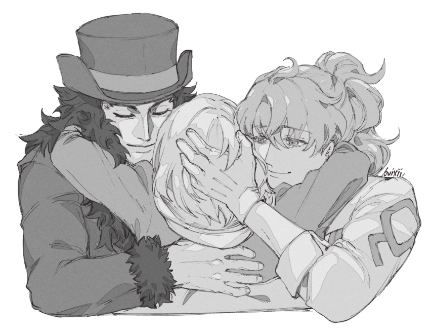 1girl, 2boys, artist_name, bvixii, closed_eyes, closed_mouth, commentary, cropped_torso