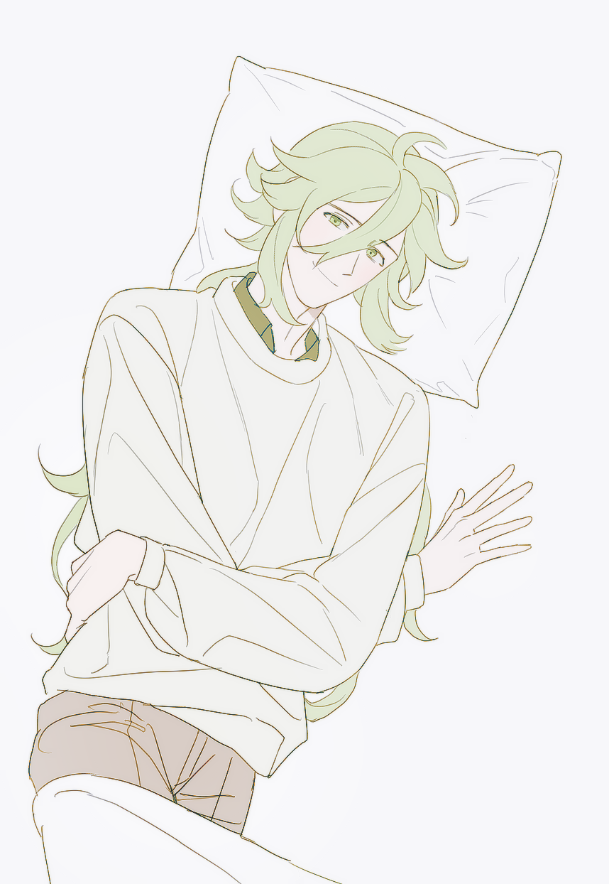 1boy, blanket, blanket_over_legs, closed_mouth, crossed_arms, from_above, green_eyes, green_hair