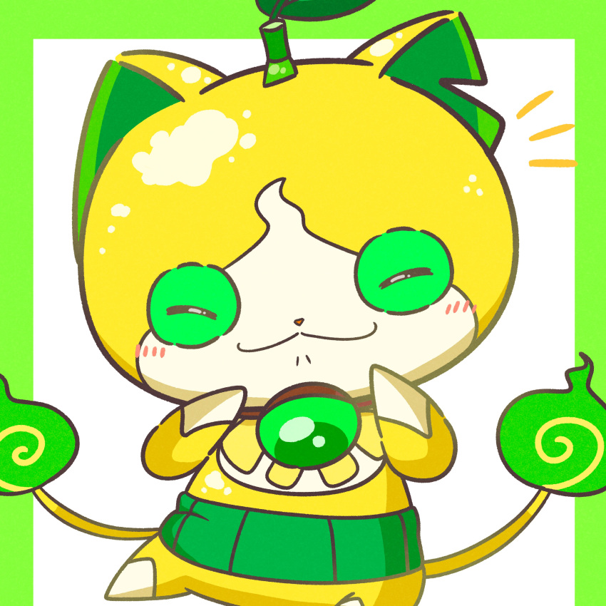 absurdres, blush, closed_eyes, commentary_request, fire, flame-tipped_tail, green_fire, haramaki, highres, hitodama, lemonyan, multiple_tails, no_humans, notched_ear, solo, suzu_youkai, tail, two_tails, yellow_fur, youkai_(youkai_watch), youkai_watch